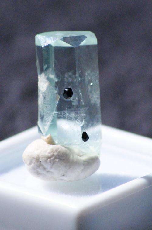 Perfect terminated Aquamarine crystal with small internal black tourmaline crystals